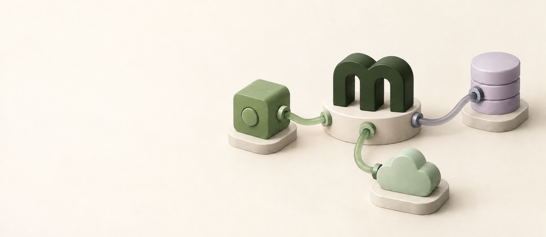 A green m on a pedestal, connected to small tools by cables